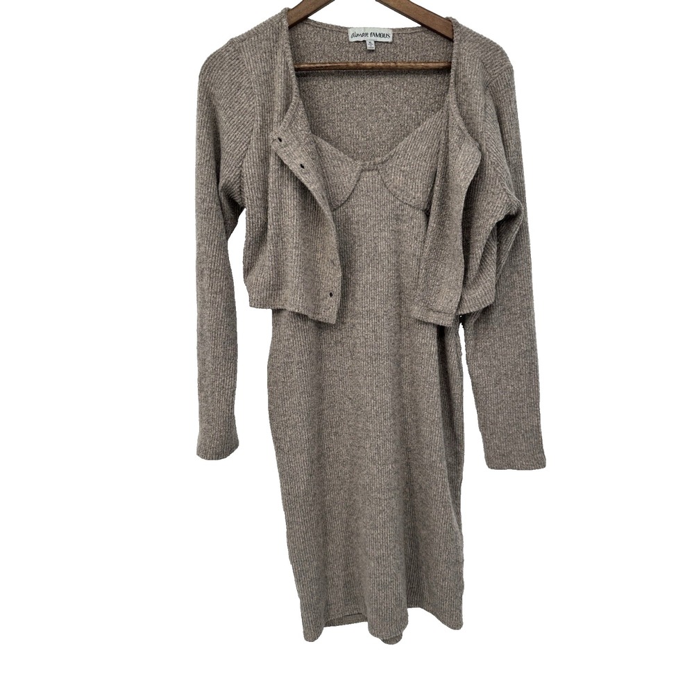 Office Siren 2pc Knit Slip Dress w/ Cropped Cardigan Bolero Sweater‎ Academia